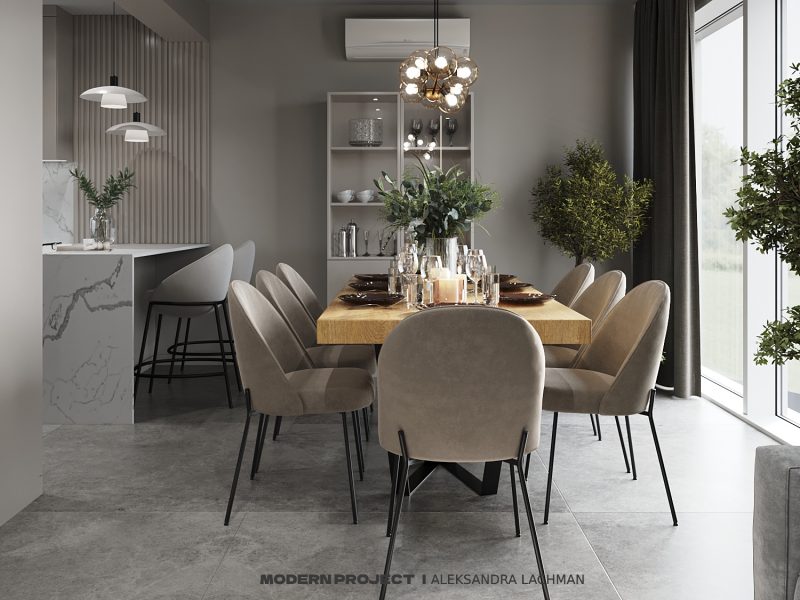 Wnętrze salonu, kuchni i jadalni w Skierniewicach